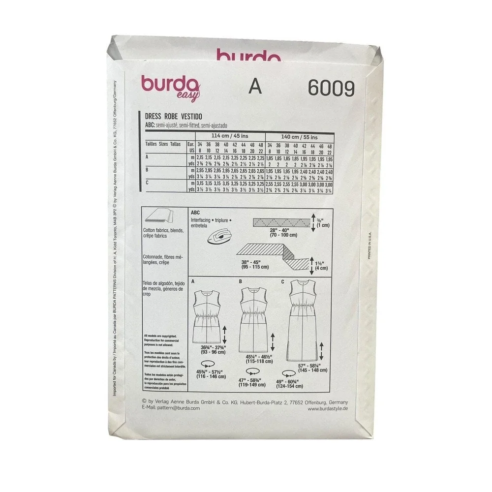 Burda Easy 6009 Dress US 8-22 Super‎ Easy Semi-Fitted Maxi Midi Pattern
